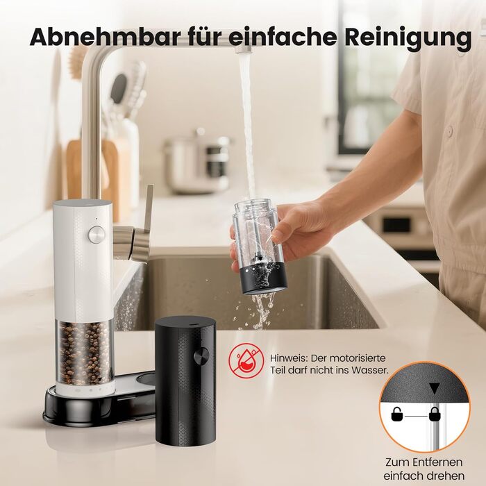 Електричні солі та перечні млини 2 шт. з USB-C зарядкою, регулюванням помелу, LED підсвіткою, керамічним жорном та підставкою – чорний/білий