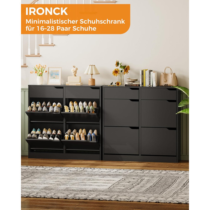 Шкаф для взуття IRONCK з 4 дверцятами, вузький, з 2 висувними ящиками, окремо стоячий, з регульованими перегородками, для передпокою, входу та вітальні (Білий) Білий (100x23.5x98см, Чорний)