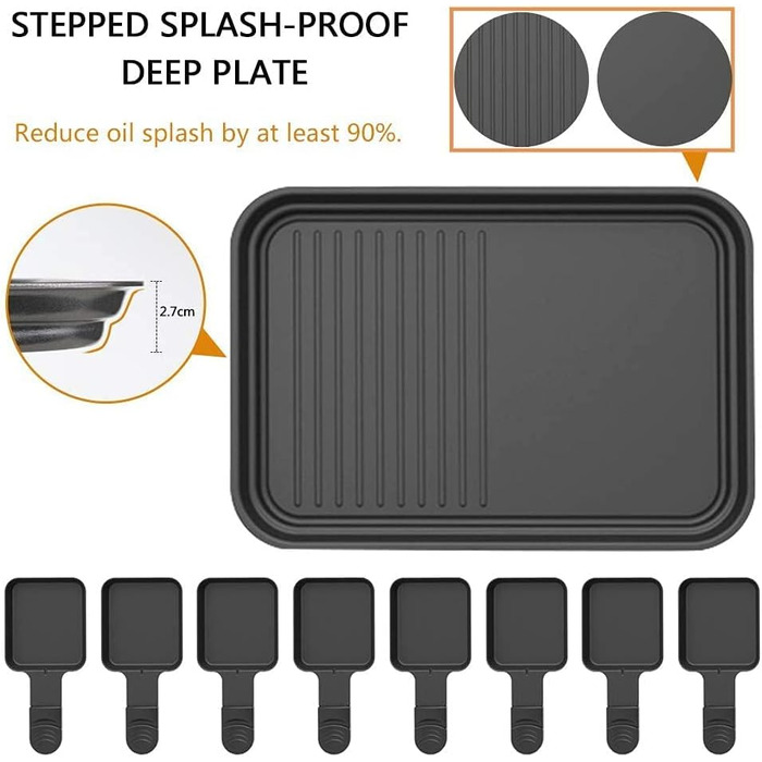 Ракле Грати для 8 осіб з антипригарним покриттям, 1500W, з міні-сковорідками та дерев'яними шпателями