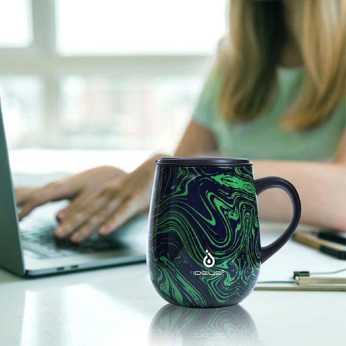 Кружка для кави та чаю Ideus 470 мл з подвійними стінками, нержавіюча сталь, з нековзним ручним тримачем та кришкою-модулем, великий об'єм (Трав'яний зелений)