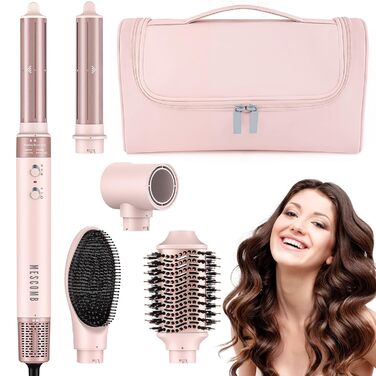 Мультистайлер для волосся 5 в 1 MESCOMB: стайлер з високошвидкісним феном, круглими щітками та автоматичним завивачем локонів, для об'єму, завивки та випрямлення, White Pink