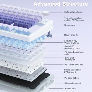 Механічна клавіатура AULA F75 PRO для геймінгу: 2.4GHz/Type-C/BT5.0, Hot-Swap, бездротова, 75%, QWERTY (сіра/фіолетова з градієнтом)