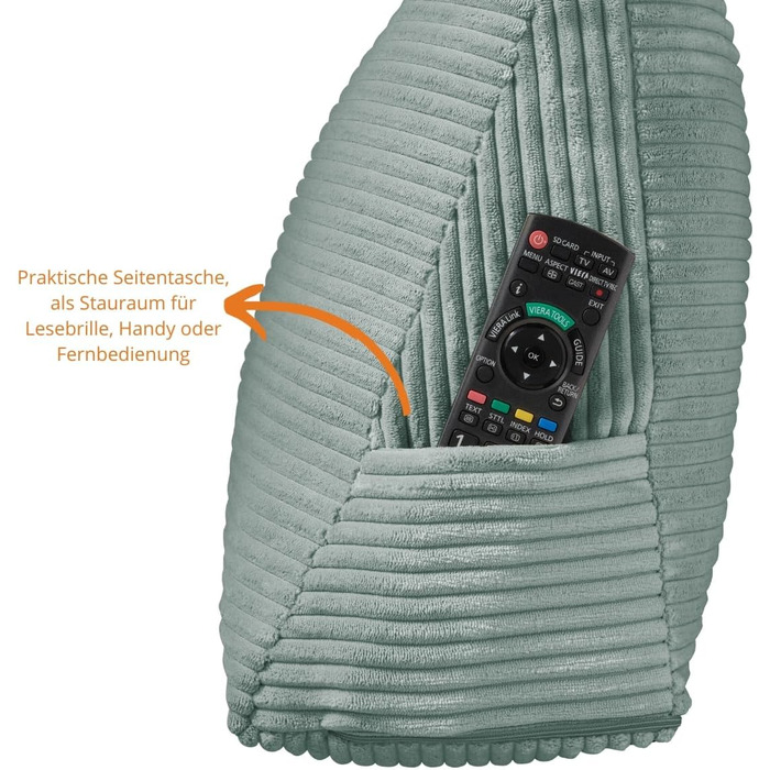 Подушка для спини в ліжко та на диван sleepling з вельвету (Cord), клиноподібна подушка для читання та підтримки попереку з бічною кишенею, знімний чохол, 70х40х20 см, бірюзова