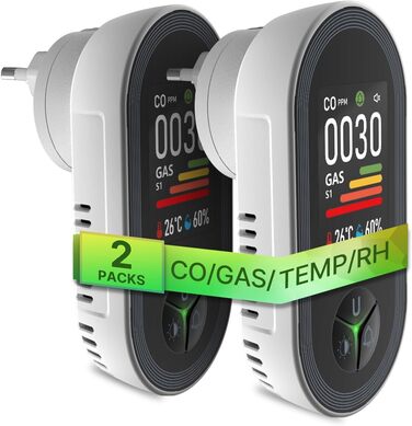 Детектор чадного газу MOES з вилкою, 3-в-1: CO, температура та вологість, акустичний сигнал, для дому та кемперів, 1 шт. (CO+GAS, 2 шт.)