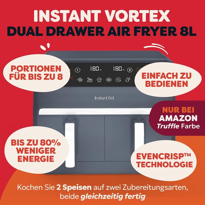 Фритюрниця повітряна Instant Pot Vortex Compact Trüffel Grau 5 л, сіра, 4-в-1: смаження, сушка, випікання, розігрів, антипригарне покриття, легко мити, для сім'ї