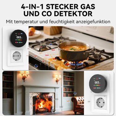 Детектор чадного газу та газу з вилкою, 4-в-1 CO-детектор з датчиком температури та вологості, з акустичним сигналом для дому та автокаравану, 1 шт. (Чорний)