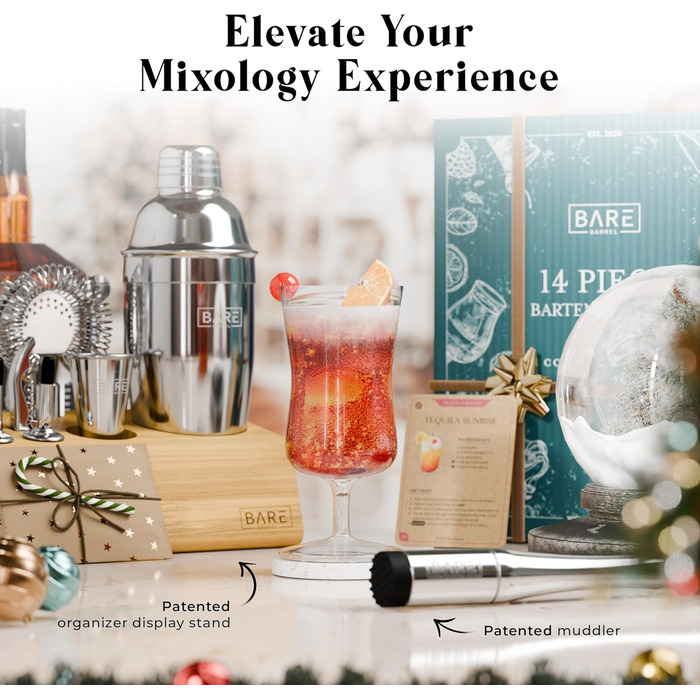 Набір для приготування коктейлів BARE BARREL® Mixology Barkeeper Kit: 14 предметів, 35 рецептів, професійний барний інвентар для дому