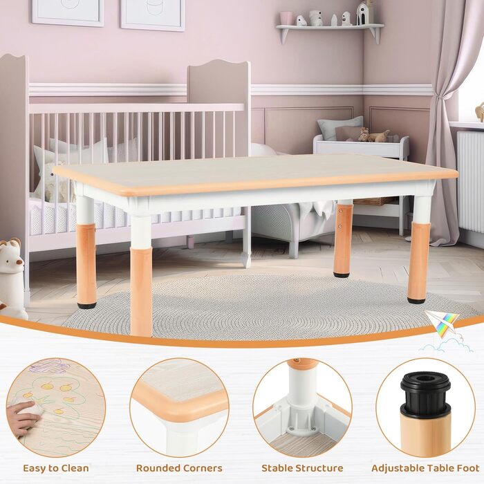 Дитячий стіл з 6 стільцями: комплект для дитячого садка та кімнати, регульована висота, пластикові меблі, жовтий