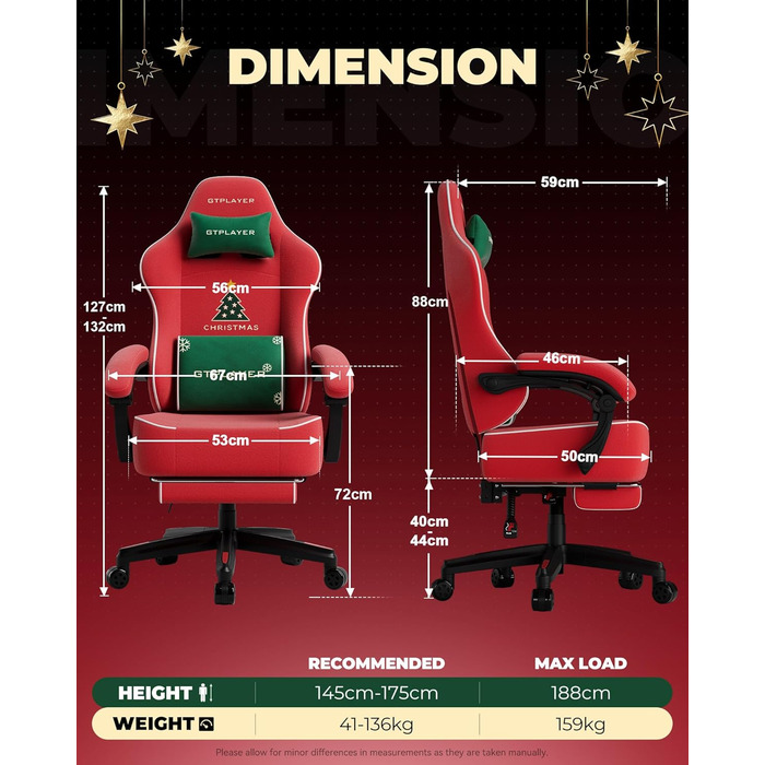 Ігровий крісло GTPLAYER з різдвяним мотивом, з підніжкою, широке сидіння, з подушкою для спини та синхронізованими підлокітниками для великих людей, велюр, червоний, на Різдво