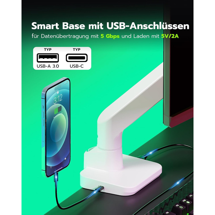 Кріплення для монітора ARES WING з USB A/C, кріплення для монітора 17-49 дюймів, підставка для монітора з газовою пружиною, VESA 75/100 мм, білий