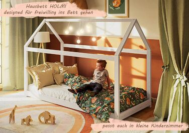Дитяче ліжечко Alcube HOLMI 80 х 160 см, Монтессорі Підлогове ліжко в т.ч. рейкова основа для хлопчиків і дівчаток з масиву сосни Ліжко 80х160 - ліжко білого кольору (80х160 см, біле - з матрацом - стиль Монтессорі)