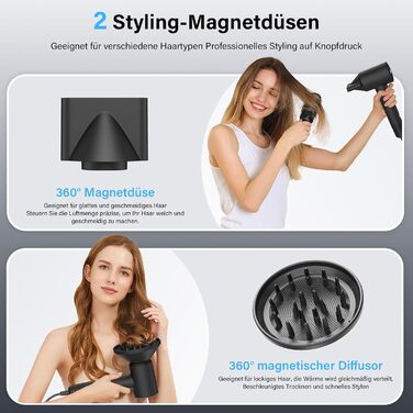 Професійний фен для волосся з дифузором, безщітковий двигун 110 000 об/хв, 400 млн плазмових іонів, низький рівень шуму 57дБ, чорний