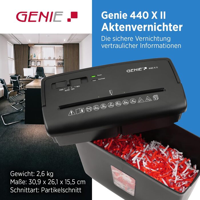 Шредер Genie 440 X II: безпечне знищення документів P4, автоматичний старт/стоп, об'єм кошика 9L, чорний | Для дому та офісу