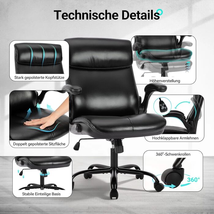 Офісний стіл COLAMY: ергономічний крісло з високою спинкою, регульовані підлокітники, шкіряне покриття (чорний)