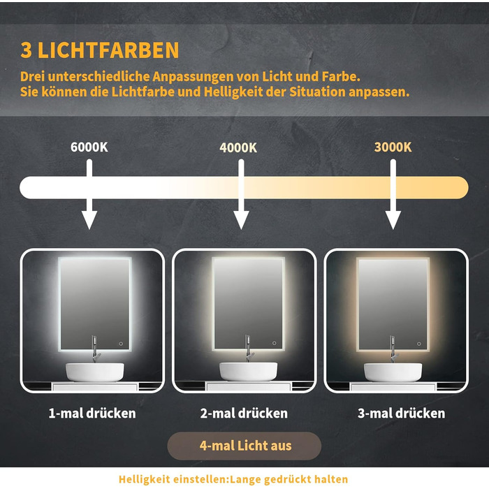 Дзеркало для ванної кімнати Puchika з підсвічуванням, LED-дзеркало 50x70 см, регульоване, тепле/холодне/нейтральне світло 3000-6400K, IP44, A+, сенсорне керування, 3 кольори світла