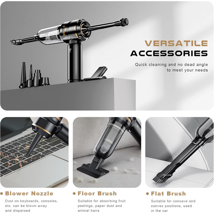 Акумуляторний ручний пилосос KITBEZN 4-в-1 для авто та дому, бездротовий міні-пилосос з безщітковим двигуном, потужність 26000Па, 3 режими роботи, чорний