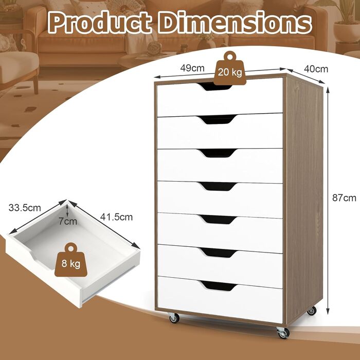 Роликовий контейнер GIANTEX з 5 шухлядами, комод на колесах під стіл, офісний шафчик для документів (білий, 49 x 40 x 87 см)