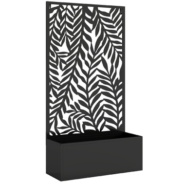 Квітковий ящик з екраном/перегородкою, кашпо з решіткою для підтримки ліан, прикрашене тропічними листковими мотивами, розміром 61 x 23 x 113 см, чорного кольору.
