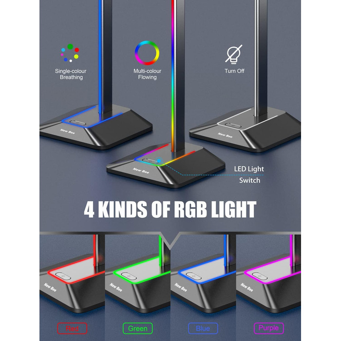 Нова підставка для навушників Bee RGB із зарядним пристроєм USB-C та передачею даних, універсальний ігровий тримач (чорний)