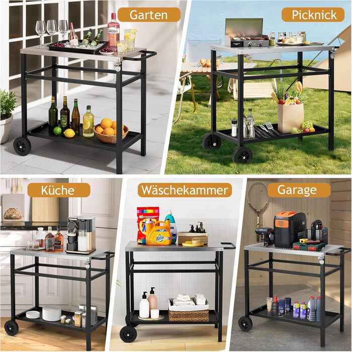 Гриль-вагон LEADZM - гриль-стіл для вулиці, 95 x 45 x 83 см, стіл з нержавіючої сталі срібного кольору, на колесах, мобільний, сервірувальний візок для садів, чорний, 95x45x83 см