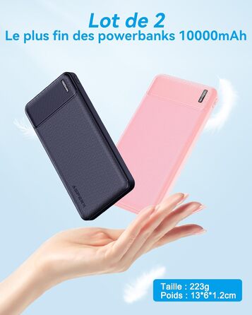 Набір AsperX Power Bank 2 шт. и, 10000 мАг, USB-C, тонкий і міцний, зовнішній акумулятор (рожевий/темно-синій)