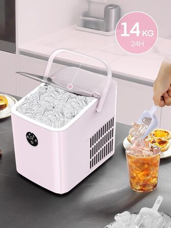 Льодогенератор Fohere 14 кг/24 год, рожевий: швидке виробництво льоду (5 хв), 2 розміри кулеподібного льоду, самоочищення, з ручкою та лопаткою для льоду