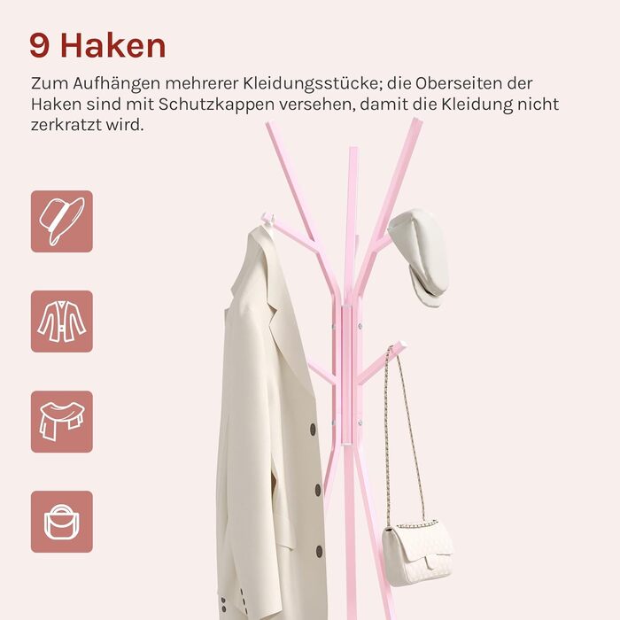 Вільна стійка для одягу WOLTU у формі дерева з полицею та 9 гачками, для одягу, шапок, сумок, біла, металева (рожева)