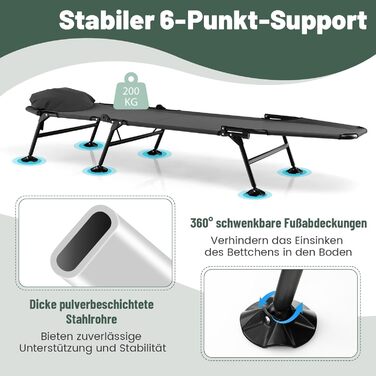 Складане ліжко для риболовлі та кемпінгу GOPLUS, посилене (до 200 кг), з регульованою спинкою (6 позицій) та спеціальними опорами для м'якого ґрунту, сіре