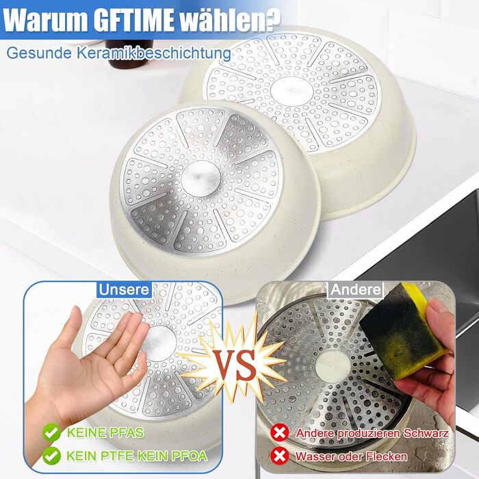 Набір посуду GFTIME 17-ти частинний з антипригарним покриттям Ceramic, для всіх плит (індукція), зі знімними ручками, 20/26 см скляні кришки, без PFOA/PTFE/PFAS