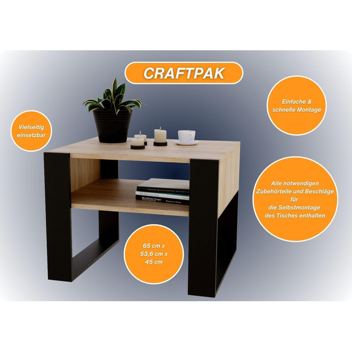 Стіл для вітальні CraftPAK для дивана з високоякісної деревини, міцний і сучасний журнальний столик з додатковим місцем для зберігання, колір (Bardolino Black)