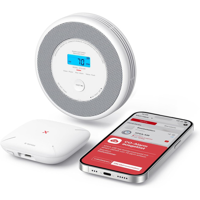 Датчик диму та CO X-Sense з Wi-Fi, голосовий сповіщення та визначенням місця розташування, 2-в-1, з базовою станцією SBS50, XP0A-MR11