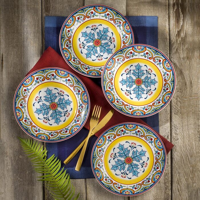 Набір посуду Euro Ceramica Zanzibar Collection, 16 частин, для кухні та їдальні, на 4 особи, з іспанським квітковим візерунком, блакитно-жовтий