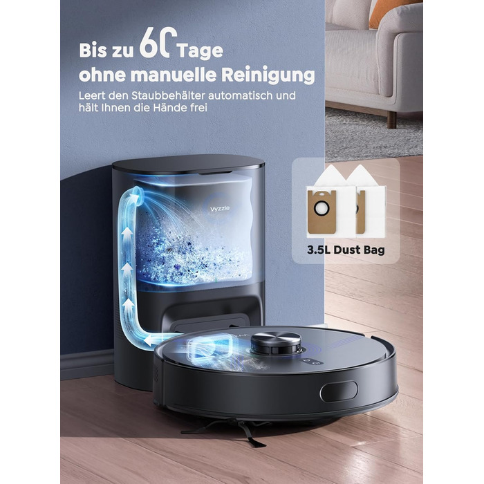 Робот-пилосос Vyzzle з вологою тканиною 5500 Па, док-станція 3.5л, для шерсті тварин, килимове покриття, керування через додаток, голосове керування Alexa & Google Assistant (Чорний)