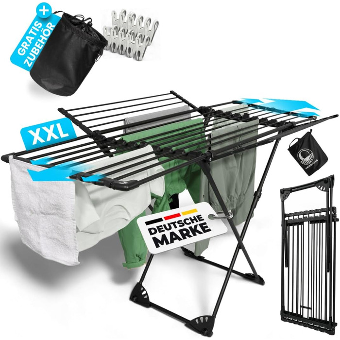 MONDHEIM® Сушарка для білизни XXL Teleskop 26м | Розкладна, з поперечиною, для балкону/тераси