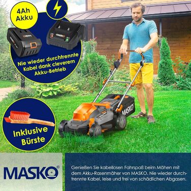 Акумуляторний газонокосарка MASKO з функцією мульчування, 2 акумулятори Li-Ion 4Ah, подвійний зарядний пристрій, триммер, ширина косіння 37 см, 6 положень висоти, кошик 40 л, площа до 600 м², в комплекті рукавички та щітка (ширина косіння 33 см, чорний/по