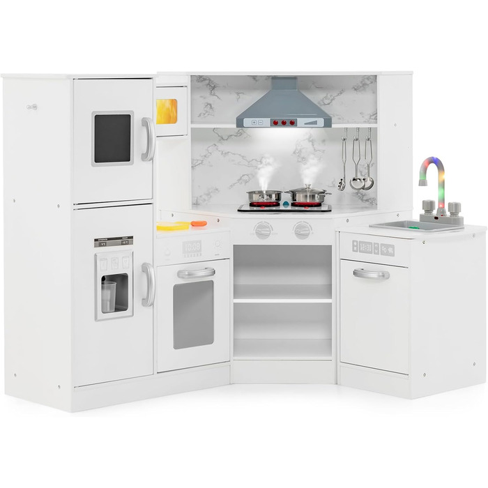 Дерев'яна дитяча кухня DREAMADE з аксесуарами, кухонний куточок з плитою, духовкою, мийкою та дошками для письма, ігровий набір з підсвіткою та звуком для дівчаток від 3 років (білий)