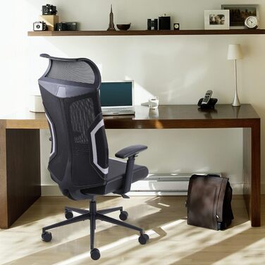 Ігровий крісло Dowinx для офісу та дому: ергономічне, з 3D підлокітниками, функцією гойдання, шкіряне, поворотне, чорно-сіре