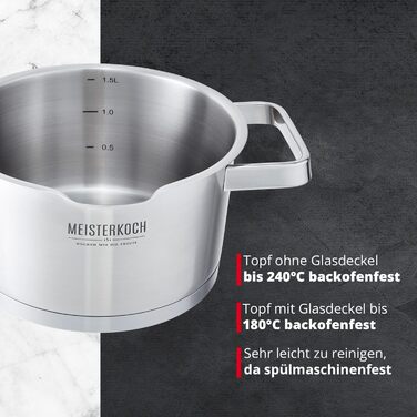 Каструля Meisterkoch з нержавіючої сталі 16 см з виливом, мірною шкалою та ізольованою ручкою | з кришкою з скла та ситом | кухонне приладдя, підходить для індукційних плит