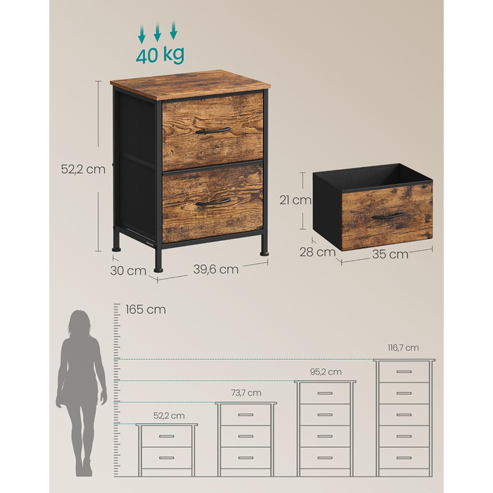SONGMICS Комод з 2 висувними ящиками, тумбочка, шафка для зберігання, сталь, МДФ, фліс, для спальні, прихожої, вітальні, чорний, LGS32BH03