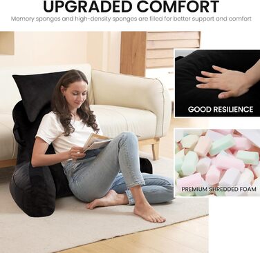 Підкова для читання з підголовником, м'яке спинне крісло з підлокітниками та кишенями для дорослих, зручне ліжко з піною з пам'яті для гуртожитку (Чорний, Преміум Великий)