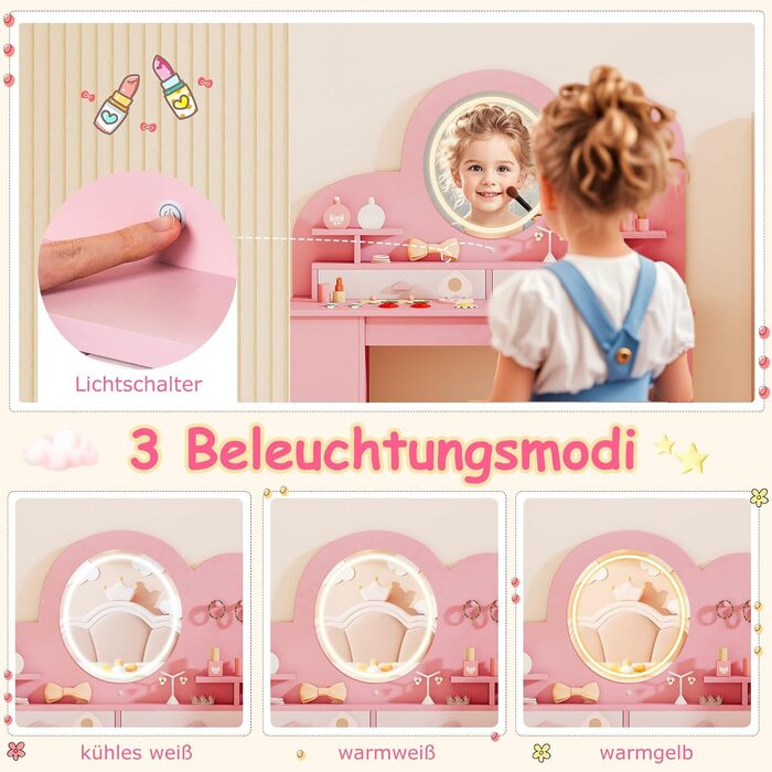 Дитячий туалетний столик COSTWAY у формі ведмедика з підсвічуванням, дзеркалом та шафкою. 5 ящиків та полиці, дерев'яний туалетний столик для дівчаток від 3 років. Рожевий колір, у формі хмари.
