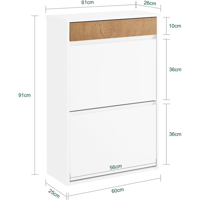 SoBuy Взуттєва шафа з 2 відкидними дверцятами, полиці та ящик, білий, 61x100x26 см, FSR165-W