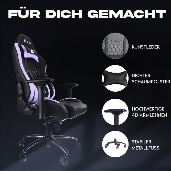 Ігровий крісло KLIM Esports з 4D підлокітниками, 170 кг, регульована спинка, ергономічний дизайн з подушками для голови та попереку, тихі колеса (фіолетовий)