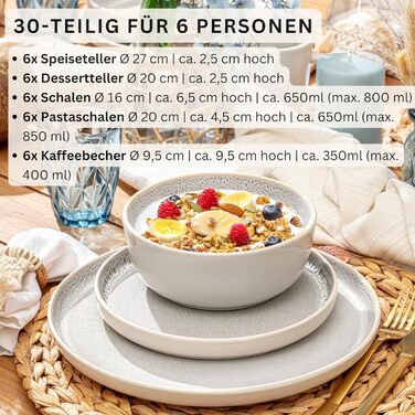 Набір посуду SÄNGER Kreta 30 предметів: тарілки, чашки, миски, для 6 осіб, блакитний, з кремовим, стійкий до подряпин, придатний для миття в посудомийній машині та використання в мікрохвильовій печі