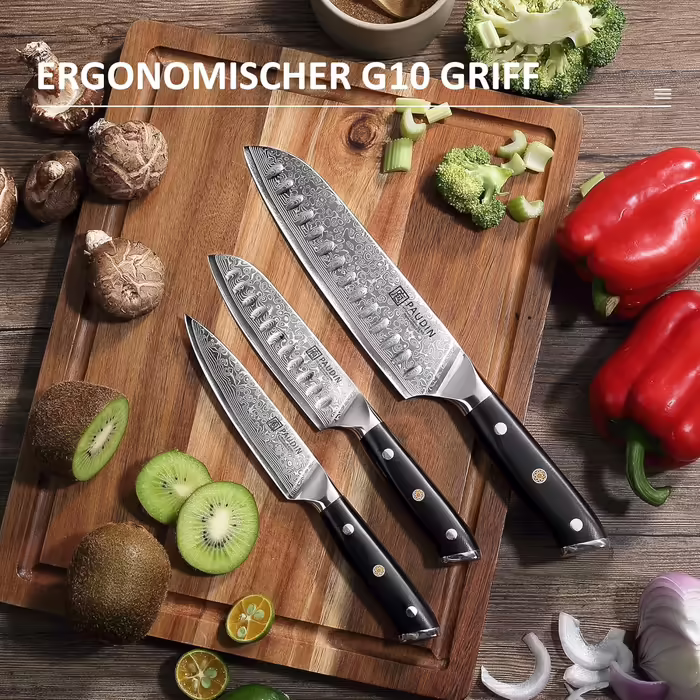 Набір кухонних дамаскових ножів PAUDIN, 3 предмети, ультрагострий Santoku з 67-шарової дамаської сталі з японським VG10 ядром, ергономічна ручка G10