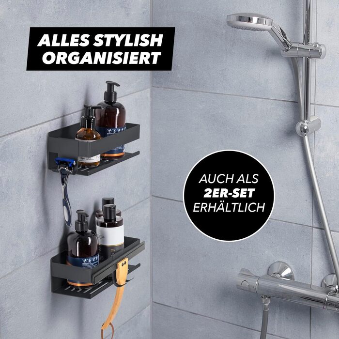 Набір душових поличок BENKSTEIN (2 шт.) | Регульована поличка для душу без свердління | Корзина для душу з кріпленням без свердління | Тримач для гелю для душу та шампуню | Організатор для ванної кімнати, поличка для душу (на клей, чорний)