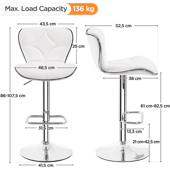 Барні стільці Yaheetech зі спинкою з регулюванням висоти, 61-85 см, до 136 кг, Набір з 4 шт. , Білий