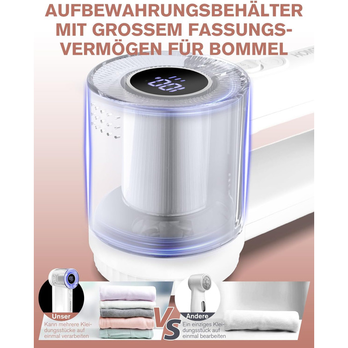 Електричний видальник ворсу Homtronics з USB-зарядкою, LED-дисплеєм та 6-кліновою головкою для одягу, диванів та килимів (білий)