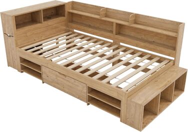 Ліжко дитяче 90x200, дерев'яне з шухлядами, полицями та захистом від падіння, з ламелями та місцем для зберігання, для підлітків, функціональне, без матраца, біле