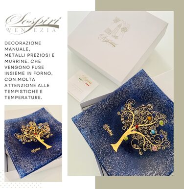 Піднос для зберігання SOSPIRI VENEZIA, прикраса, дерево життя, Муранське скло, прикрашене мармуром і сусальним золотом, ідея подарунка ручної роботи венеціанських майстрів, зроблено в Італії (синій, 39X39)
